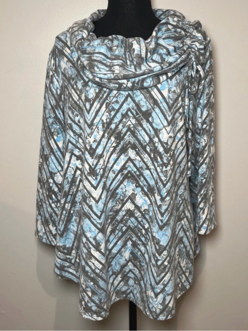 Ruby Rd. Blue and Gray Chevron Cowl Neck Blouse